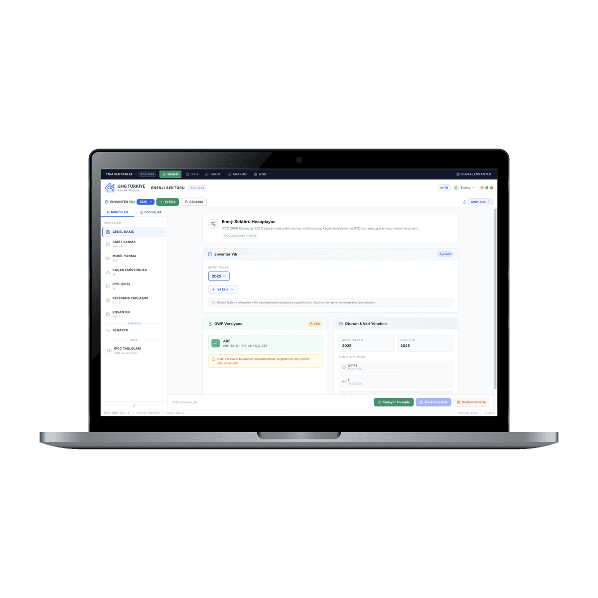 GHG Hesaplama Platformu Ekranı